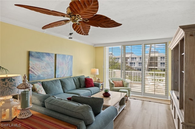 living room with hardwood / wood-style floors, crown molding, and ceiling fan