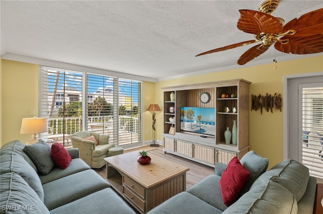 living room featuring crown molding, hardwood / wood-style floors, a textured ceiling, and a wealth of natural light