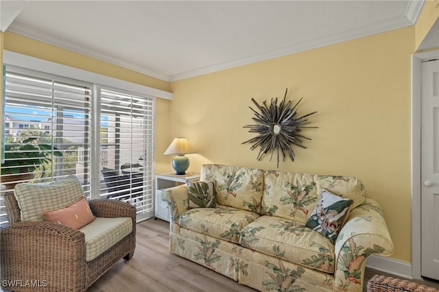 living room featuring crown molding and light wood-type flooring