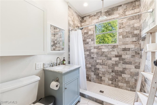 bathroom with a shower with curtain, vanity, and toilet