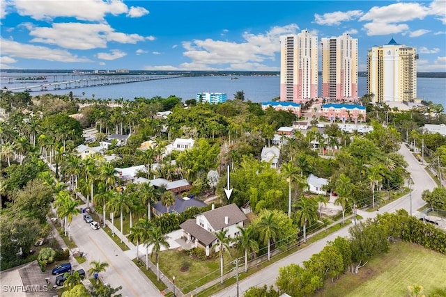 birds eye view of property with a water view