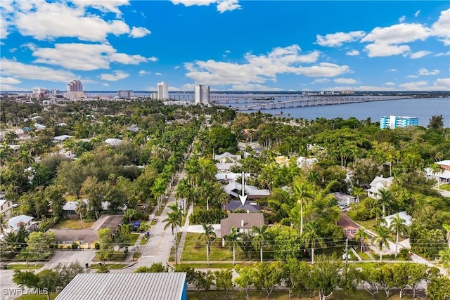 bird's eye view with a water view