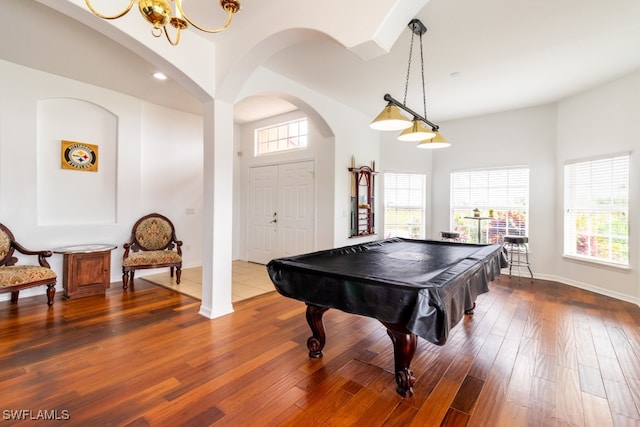 rec room featuring hardwood / wood-style flooring and pool table