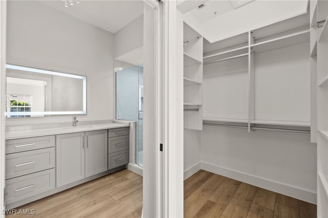 walk in closet featuring light wood-type flooring and sink