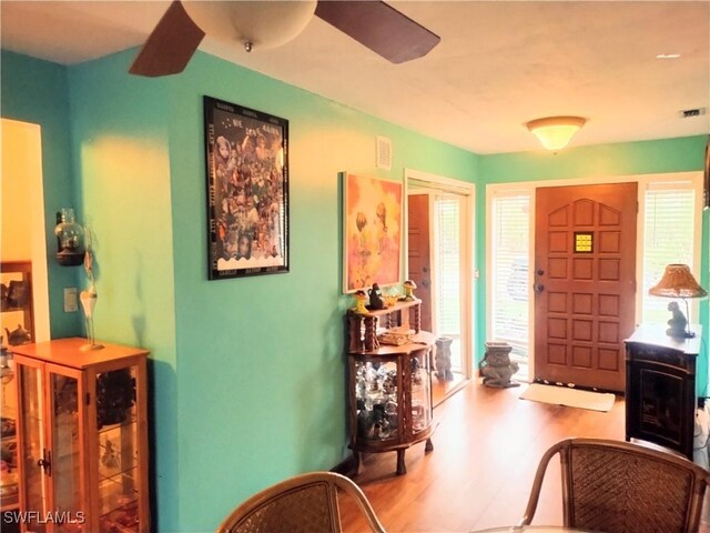 entrance foyer with ceiling fan and wood-type flooring