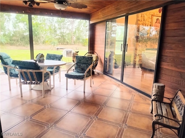 sunroom with ceiling fan and wood ceiling