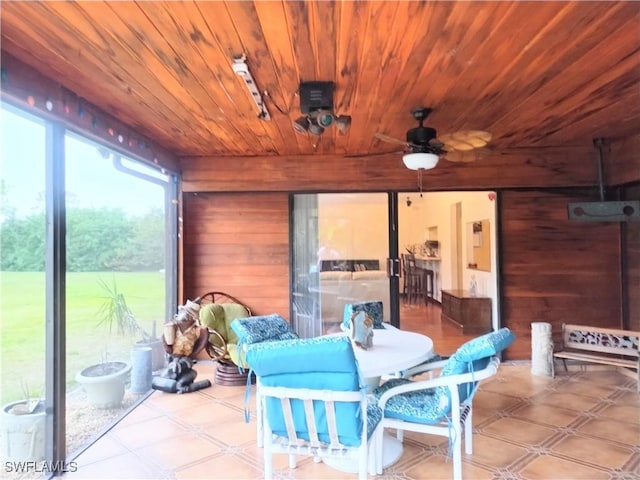 sunroom with ceiling fan and wood ceiling