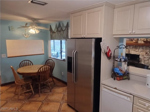 kitchen with white dishwasher, ceiling fan, white cabinetry, and stainless steel refrigerator with ice dispenser