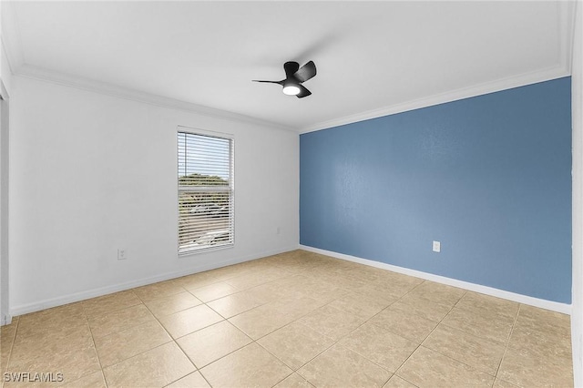 unfurnished room with baseboards, a ceiling fan, crown molding, and light tile patterned flooring