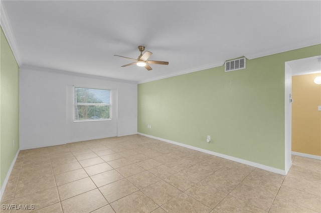 unfurnished room featuring light tile patterned floors, a ceiling fan, visible vents, and crown molding