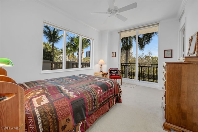 bedroom featuring access to exterior, multiple windows, crown molding, and carpet