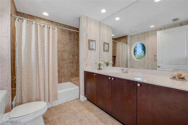 full bathroom featuring toilet, shower / bath combo, recessed lighting, tile patterned floors, and vanity