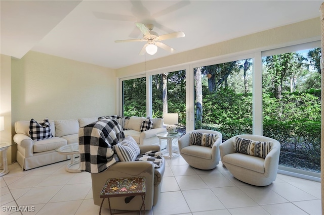 interior space featuring ceiling fan and light tile patterned floors