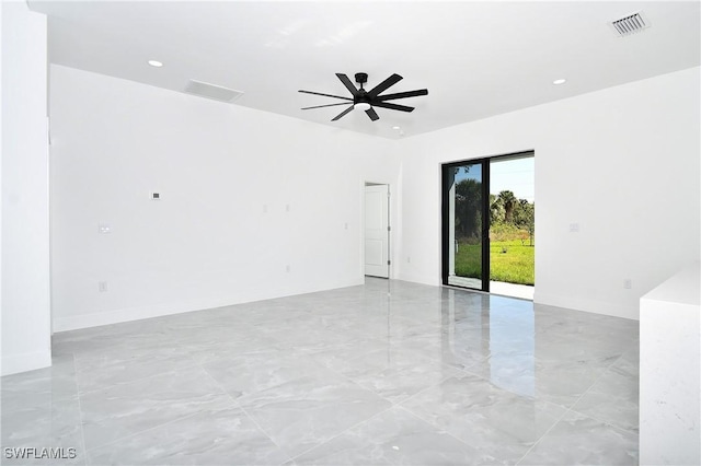 spare room featuring baseboards, visible vents, a ceiling fan, and recessed lighting