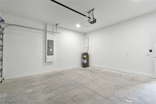 garage with a garage door opener, electric panel, electric water heater, and baseboards