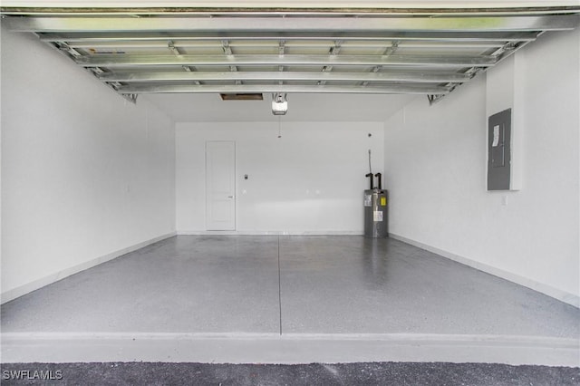 garage featuring electric panel, a garage door opener, and water heater