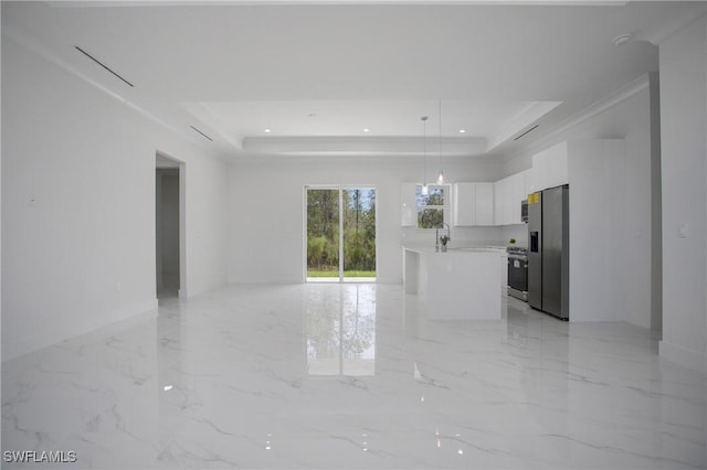 interior space featuring a tray ceiling, ornamental molding, and sink