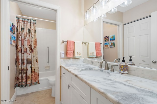 full bathroom with toilet, tile patterned floors, vanity, and shower / tub combo with curtain