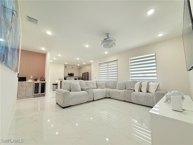 living room with beverage cooler