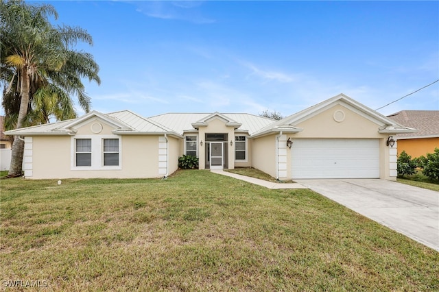 ranch-style house with a garage and a front lawn