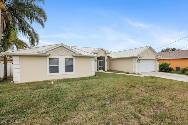 single story home with a front yard and a garage