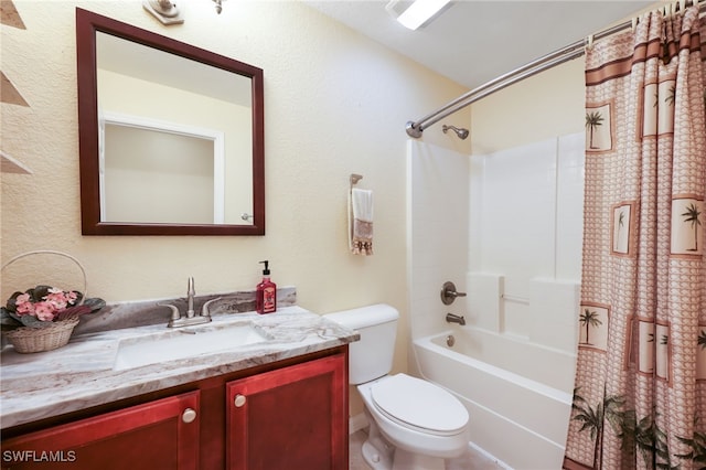 full bathroom with vanity, toilet, and shower / bathtub combination with curtain