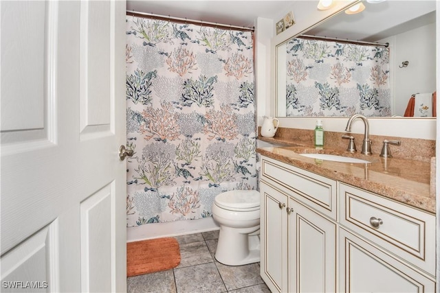 full bathroom with tile patterned floors, vanity, shower / bath combo, and toilet