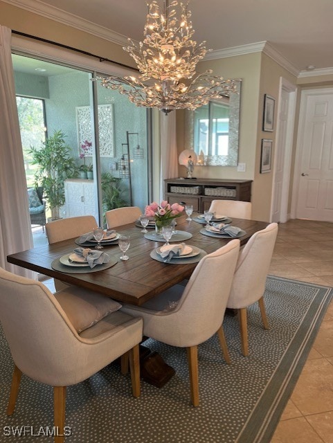 tiled dining room featuring crown molding