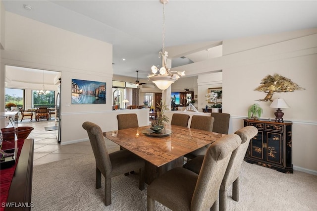 dining area featuring ceiling fan and light tile patterned floors