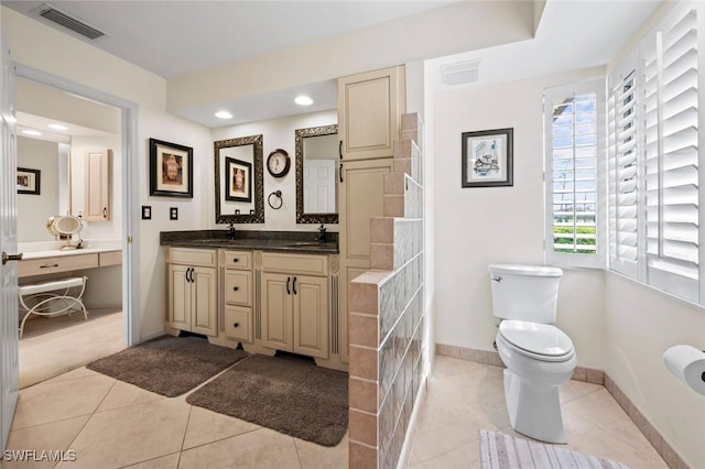 bathroom with toilet, tile patterned flooring, and vanity