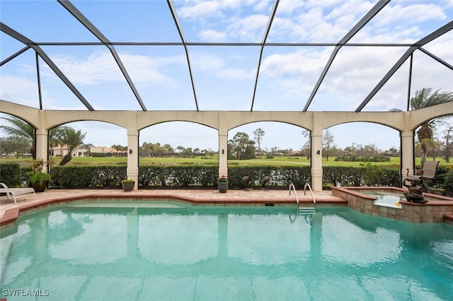 view of swimming pool featuring a patio area, glass enclosure, and an in ground hot tub