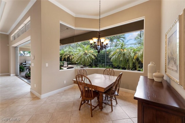 dining room featuring an inviting chandelier, light tile patterned floors, and crown molding