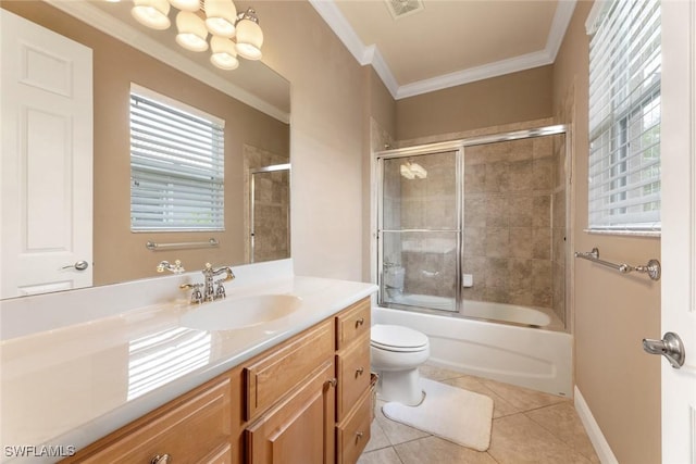 full bathroom with toilet, tile patterned floors, ornamental molding, vanity, and shower / bath combination with glass door