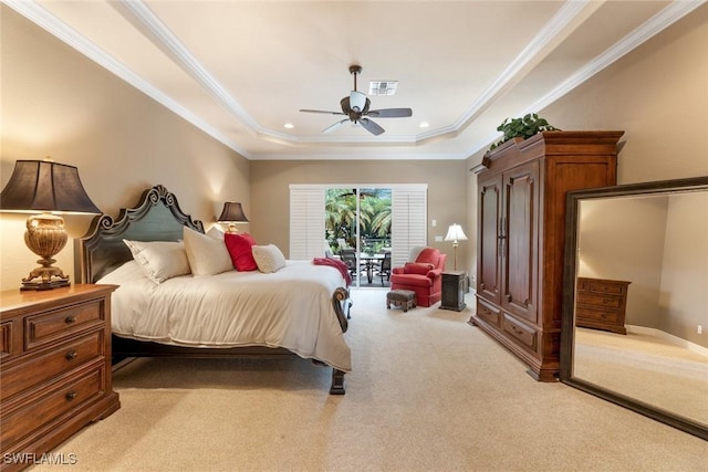 bedroom with ceiling fan, a raised ceiling, access to outside, light colored carpet, and ornamental molding