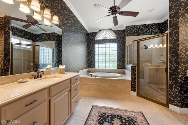 bathroom featuring vanity, tile patterned floors, plus walk in shower, and ornamental molding