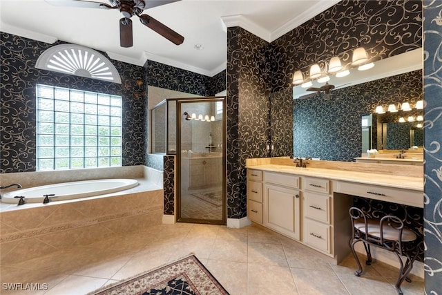 bathroom featuring tile patterned floors, vanity, ornamental molding, ceiling fan, and plus walk in shower