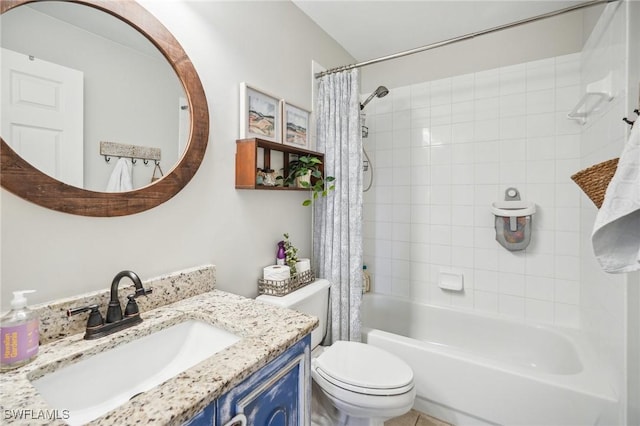 full bathroom featuring vanity, shower / tub combo, and toilet