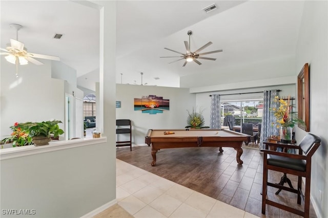 recreation room with light tile patterned floors, pool table, and ceiling fan