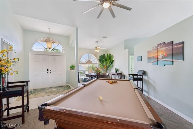 game room with wood-type flooring, ceiling fan, and billiards