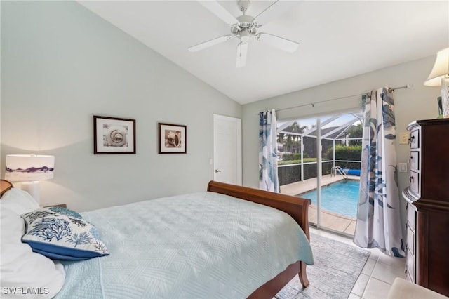 bedroom featuring lofted ceiling, access to exterior, ceiling fan, and light tile patterned flooring