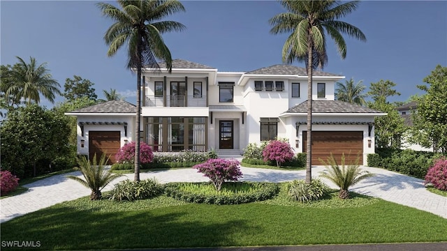 view of front of house with a balcony, a garage, and a front lawn