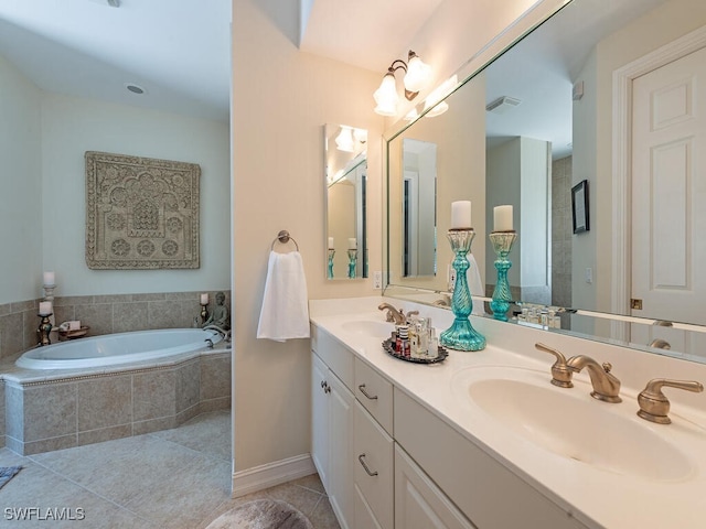 bathroom featuring tile patterned flooring, vanity, and tiled tub