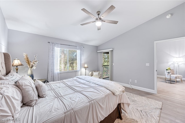 bedroom with vaulted ceiling, ceiling fan, access to outside, and light wood-type flooring