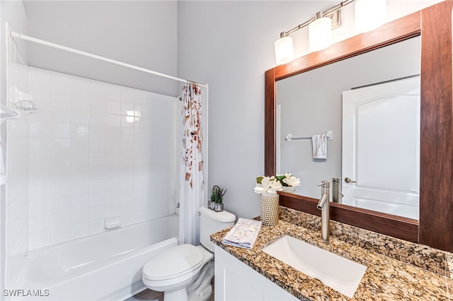 full bathroom featuring toilet, shower / bath combination with curtain, and vanity