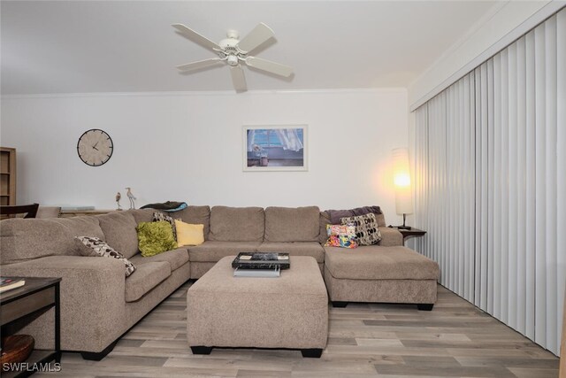 living room featuring ceiling fan, light hardwood / wood-style flooring, and ornamental molding