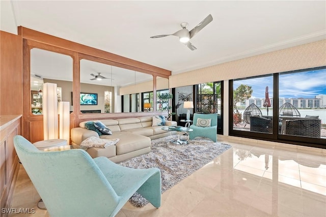 living room with ceiling fan