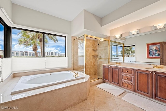 bathroom featuring vanity, tile patterned floors, and independent shower and bath