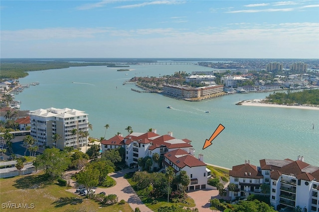 aerial view featuring a water view