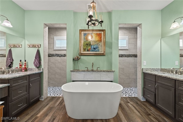 bathroom featuring vanity, wood-type flooring, and plus walk in shower