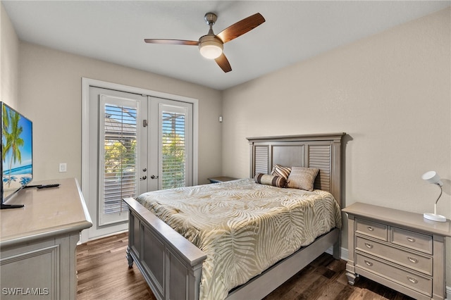 bedroom featuring access to outside, ceiling fan, french doors, and dark hardwood / wood-style floors